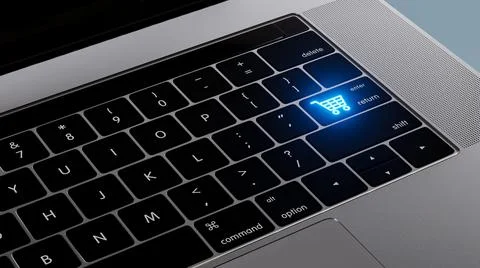 3d render of Shopping Cart button on a notebook keyboard. Computer keyboard.  Stock Photos