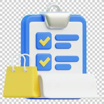 3D Render of Shopping Checklist with Clipboard and Shopping Bag Icons Stock Illustration