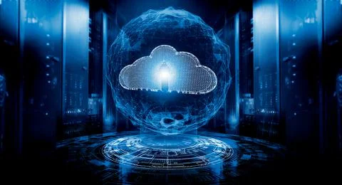 3D render Shot of Corridor in Working Data Center Full of Rack Servers and Stock Illustration