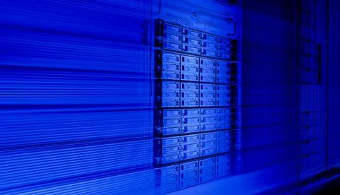 3D render Shot of Dark Data Center With Multiple Rows of Fully Operational Stock Illustration