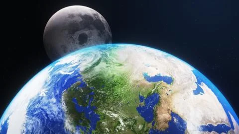 3D Render Show Up Moon Behind Close Up Earth Planet On Galaxy Space 3D Illust Ilustração Stock