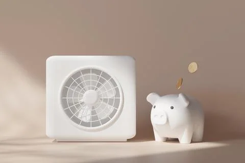 This 3D render showcases an air source heat pump alongside a piggy bank, symb Stock Illustration