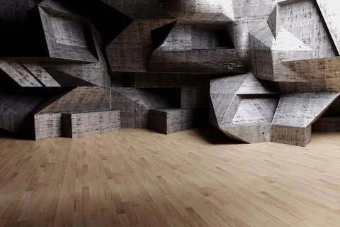 3D render is showcasing gallery interior with sculptural concrete wall, angular Illustrazione stock