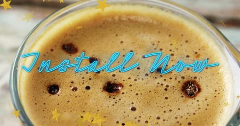 3D render showcasing glass coffee cup with frothy crema, espresso spots, neon Stock Footage 307450416