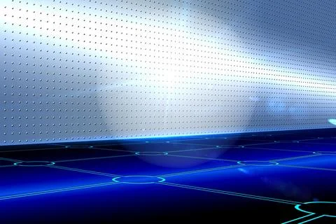 3D render is showcasing metallic wall indentations and glowing blue grid floor 库存插图