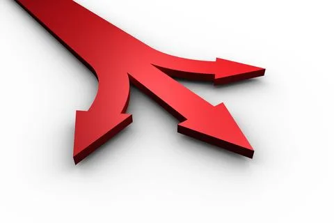 3D render is showcasing red three-pronged arrow splitting on seamless white Stock Illustration