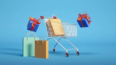 3D render showcasing a shopping cart with gift boxes,an isometric view, a bl Stock Illustration