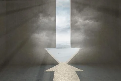 3D render is showing arrow-shaped aperture in concrete chamber, casting bright Stock Illustration