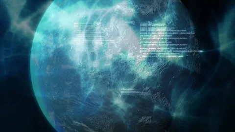3D render showing blue green planet rotating, with code streams and network Stock Footage 308047039