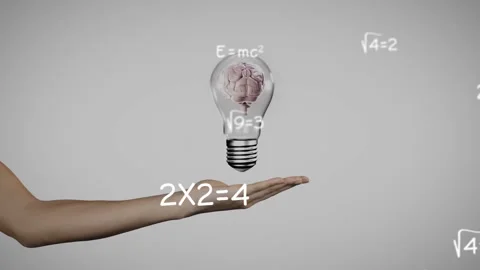 3D render showing brain inside clear bulb hovering above hand with white math Stock Footage 309321253