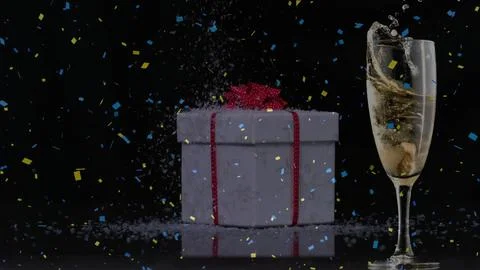 3D render is showing celebration with gift box, red ribbon, champagne flute, Stock Photos