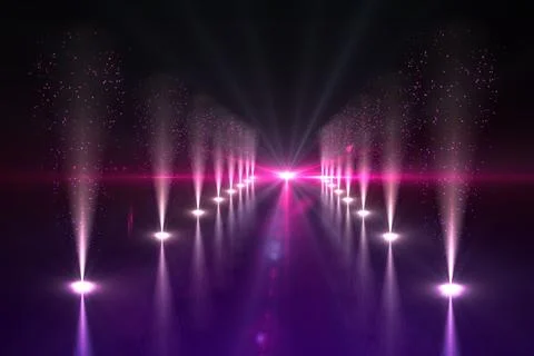 3D render showing corridor of spotlight beams on glossy floor with fog haze and Stock Illustration
