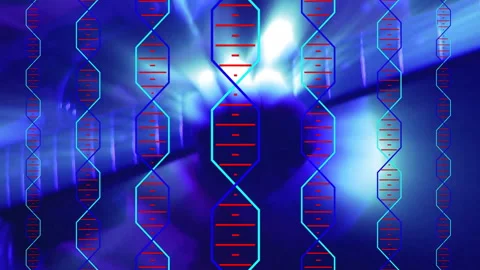 3D render showing DNA double helices floating across blurred purple-blue scene Stock Footage 307708374