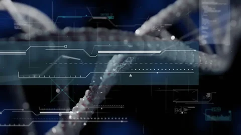 3D render showing DNA double helix twisting across digital HUD with floating Stock Footage 309107876