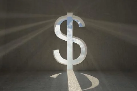 3D render is showing dollar sign cutout casting sunlight beams over concrete Ilustração Stock