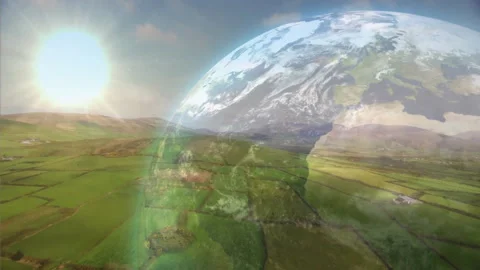 3D render showing Earth globe floating above hedgerows dividing green fields Stock Footage 307429620