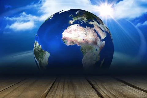 3D render showing Earth globe floating above wooden plank, casting sun rays and Ilustração Stock
