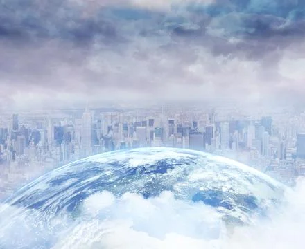 3D render is showing Earth globe hovering above misty city skyline under Stock Photos