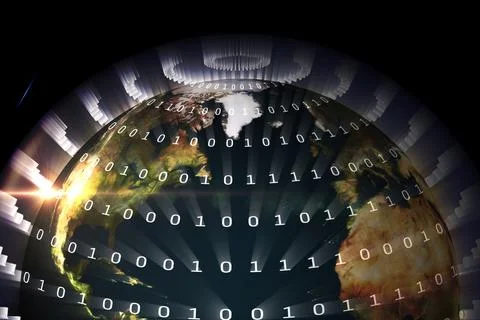 3D render is showing Earth wrapped with binary code, bright flare and radial Illustrazione stock