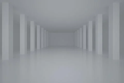 3D render is showing empty hall with parallel square columns reflecting on Ilustración de archivo