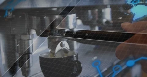 3D render showing espresso machine portafilter brewing dark coffee under digital Stock Footage 330776655