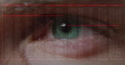 3D render showing eye undergoing biometric scan in cyber scene with green iris Stock Footage 309285620