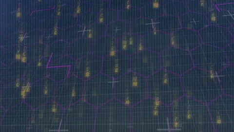 3D render showing falling currency symbols over blue grid with purple hexagon Stock Footage 309284605