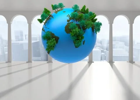 3D render showing floating Earth globe with tiny trees inside white hall arches Ilustración de archivo