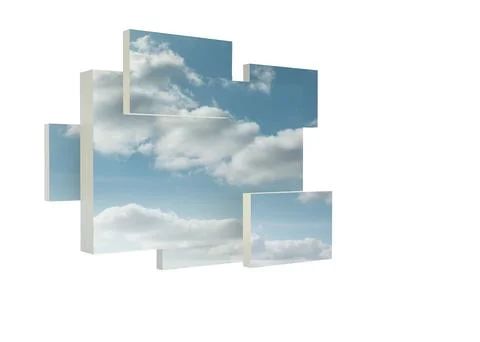 3D render showing floating panels creating fragmented sky effect on white Stock Photos