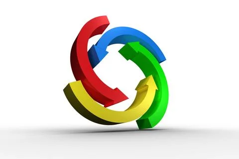 3D render is showing four interlocking arrows colored red blue green yellow on Stock Photos