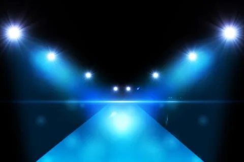 3D render showing glossy blue runway stage reaching viewer with spotlights Stock Illustration