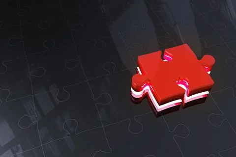3D render is showing glossy red jigsaw puzzle piece resting on reflective board Stock Illustration