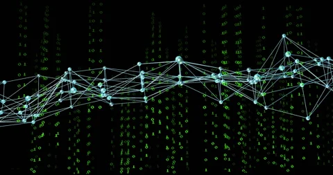3D render showing glowing network nodes floating among dark green binary digits, Stock Footage 309144175