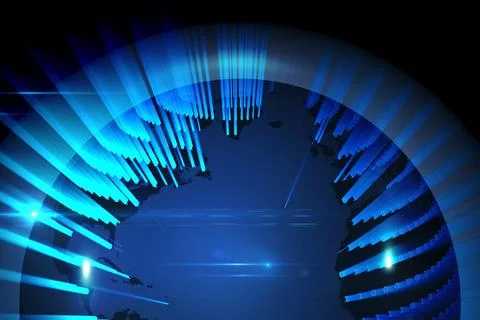 3D render is showing glowing stylized globe with rising cyan data bars and Stock Illustration