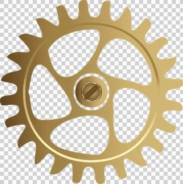 3D render is showing golden gear with toothed rim, 5 spokes and screw head, Ilustração Stock