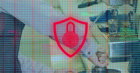 3D render showing green shield with fingerprint protecting scrolling code Stock Footage 307446783
