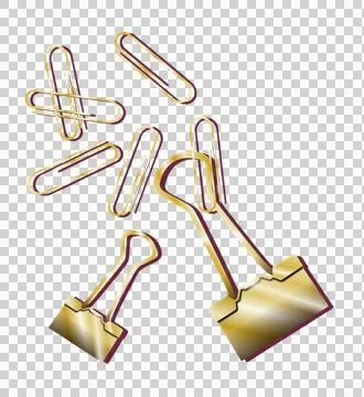 3D render showing large and small gold binder clips with paperclips on Stock Illustration