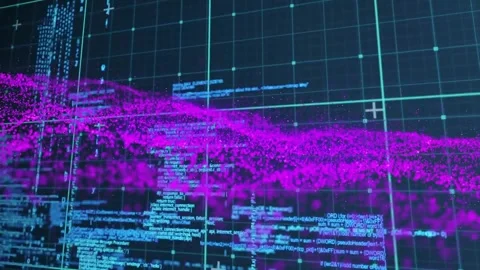 3D render showing magenta particle cloud flowing over wireframe grid, displaying Stock Footage 325964924