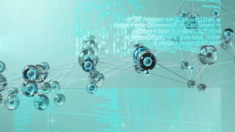 3D render showing metallic spheres glowing blue cores, floating amid cascading Stock Footage 309112125