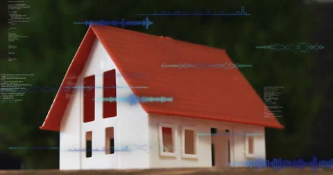 3D render showing miniature house model displaying code snippets and waveform Stock Footage 309095093
