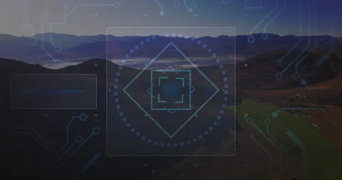3D render showing mountain valley being overlaid with circuit lines HUD graphic Stock Footage 307432626