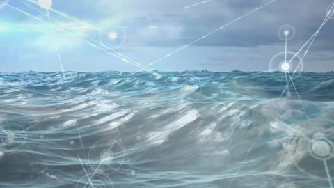 3D render showing ocean waves rolling under cloudy sky, network nodes and lines Stock Footage 308025307