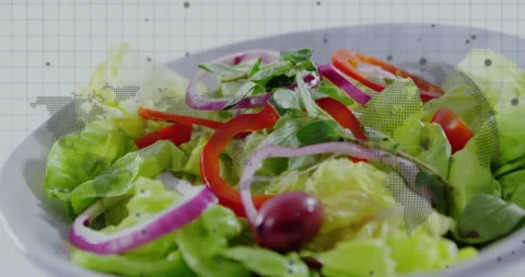 3D render showing plate featuring lettuce, pepper strips, onion rings, olive Video stock 309107140