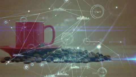 3D render showing red ceramic mug on matching saucer, coffee beans spilling, Stock Footage 307445679