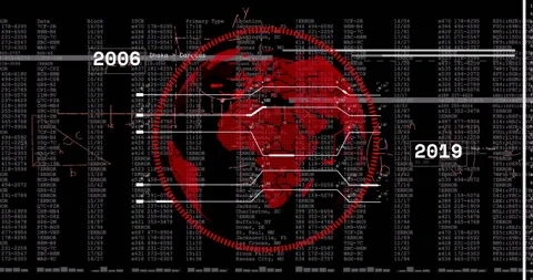 3D render showing red globe rotating within dashed gauge, featuring code logs Stock Footage 308657412