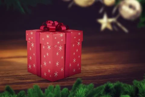 3D render is showing red snowflake ribboned gift box on wooden tabletop with Stock Illustration