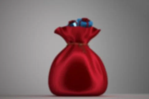 3D render showing red velvet bag on gray gradient with blue gift boxes peeking, Stock Illustration