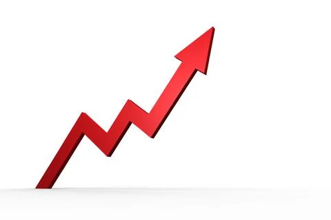 3D render showing red zigzag arrow rising diagonally on white backdrop, casting Stock Illustration