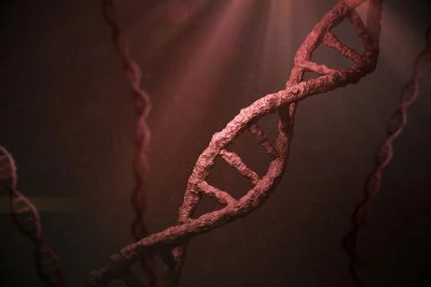 3D render showing rugged DNA helices in dark void with red light, drifting Illustrazione stock