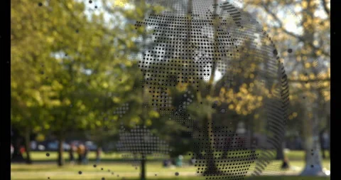 3D render showing semi transparent dotted globe overlaying park scene with code Stock Footage 309111655